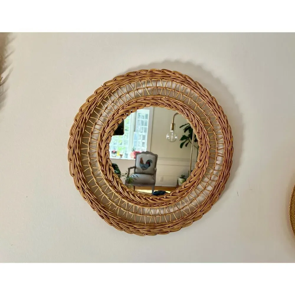 Vintage French Rattan Bamboo Pineapple Mirror 60s Natural Handmade Chic Boho